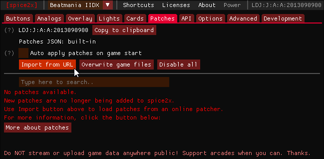 spice2x Patch Manager window as seen in-game, toggleable by default with the F10 key