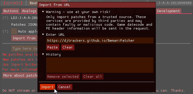 spice2x Import from URL window with the BemaniPatcher mirror URL